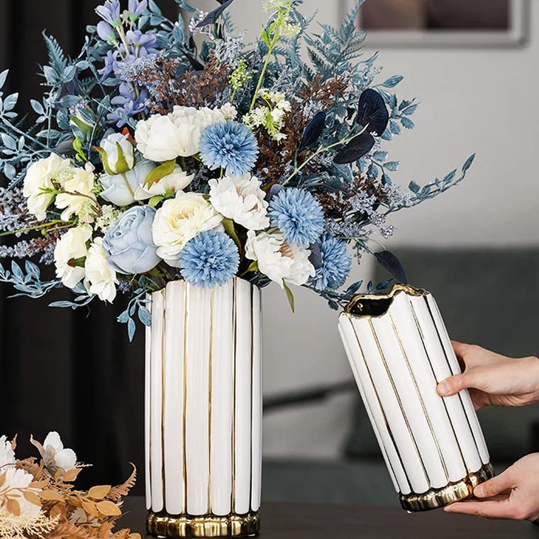 Image of Art Street Decorative Ceramic Vase Nordic White Outline in Gold Small Modern Table Bookshelf Decor Classic Flower Pot for Home, Office, Living Room, Bedroom Decoration (Size : 9x20 cm)