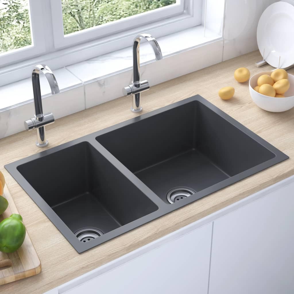 Black Stainless Steel Double Bowl Kitchen Sink, 28.1 Inch Undermount or Drop-in Sink with Strainer Set, Deep Basin Design for Modern Kitchen Remodel