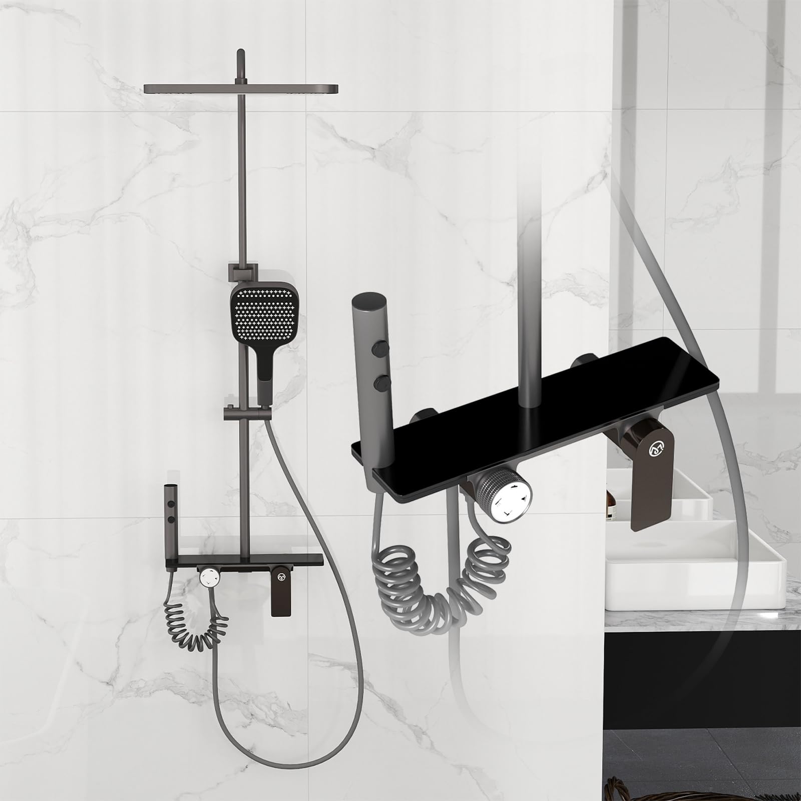 Shower Mixer Set with Rainfall Shower Head and Handheld, Adjustable Riser Rail Kit for Bath or Shower System Chrome