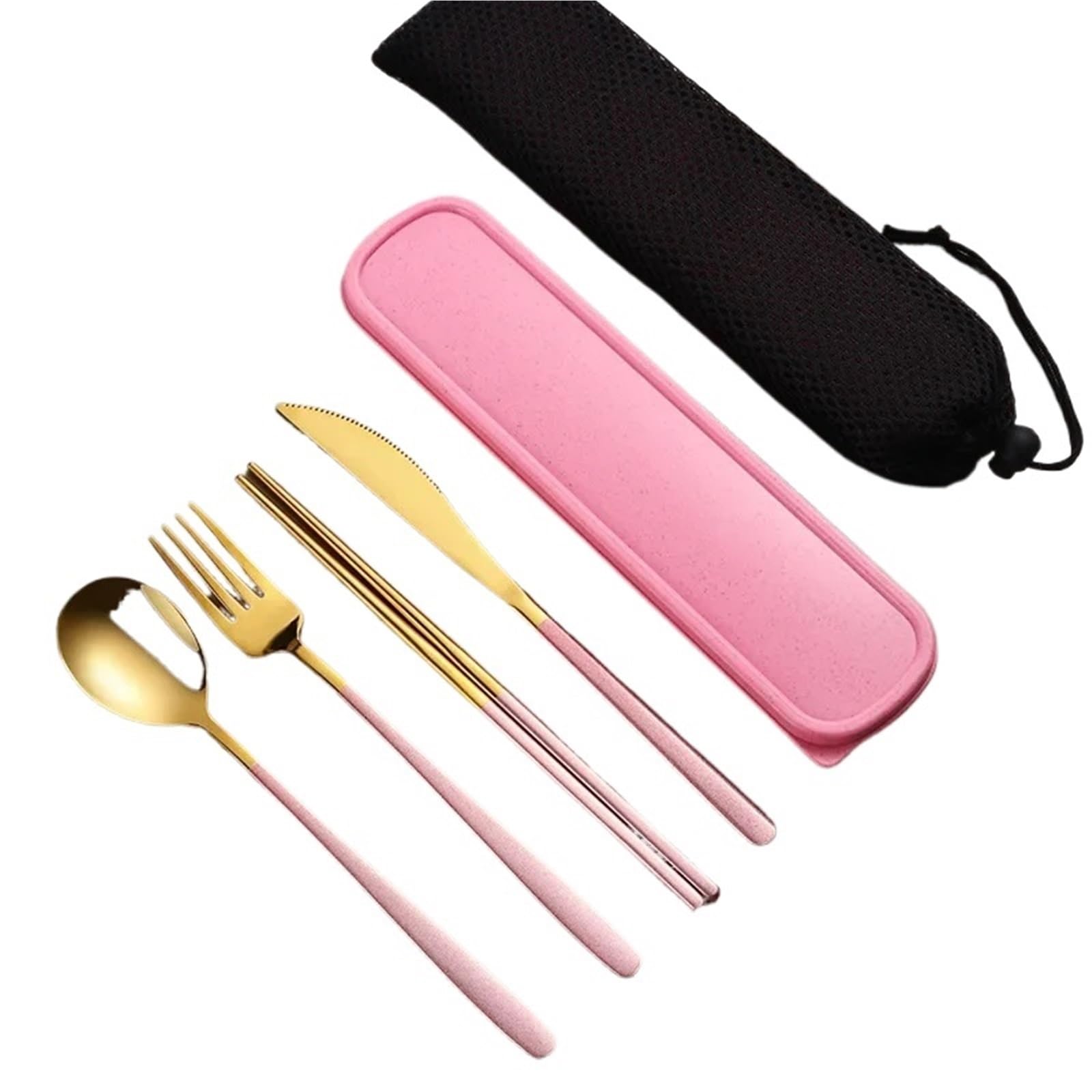 Juego de Cubiertos Juego de vajilla acero inoxidable, cubiertos portátiles, cuchillo, tenedor, cuchara, palillos(Silver-darkgreen)