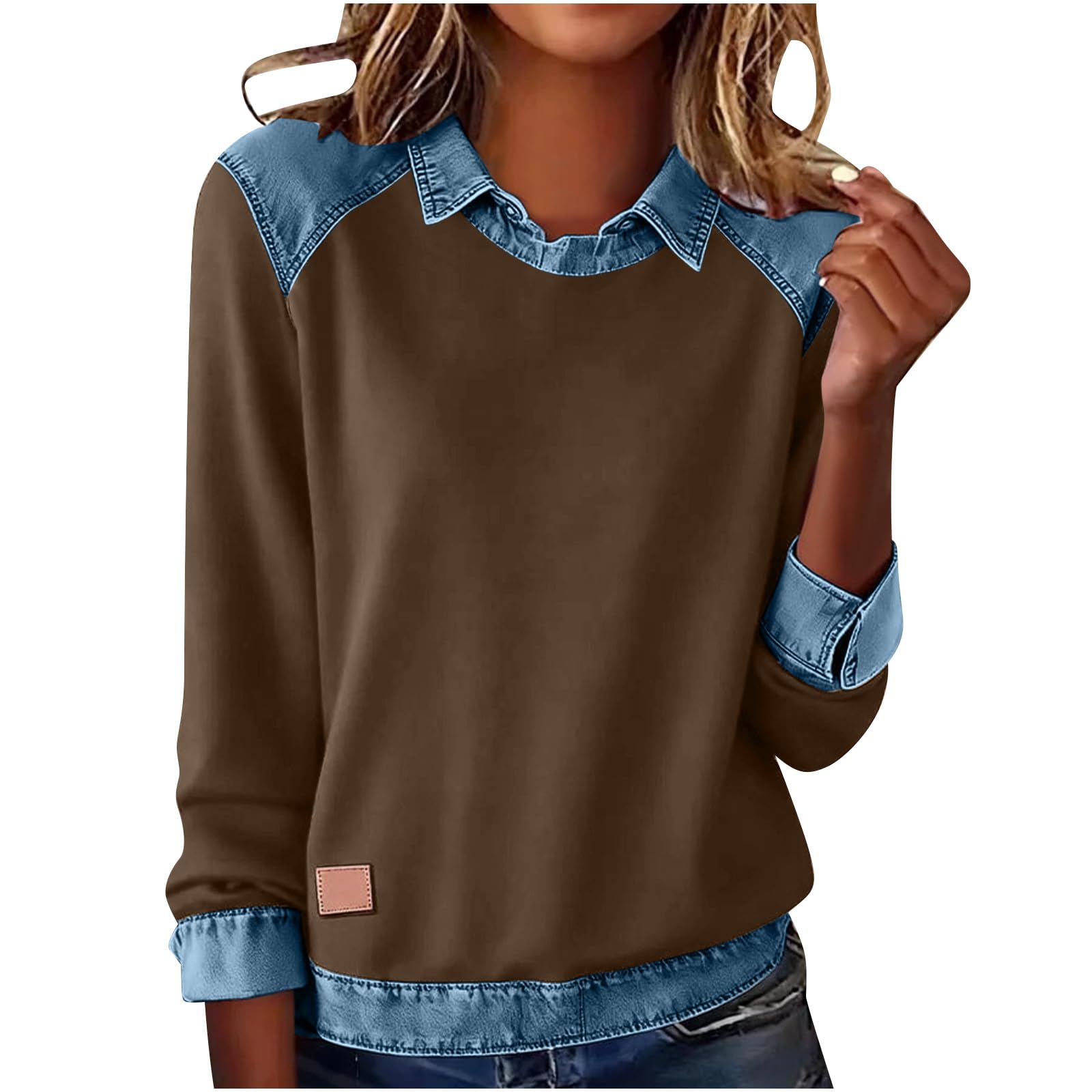 Womens Sweatshirts Tops Patchwork Denim Sweater Pullovers Long Sleeve Splicing Tshirts Blouses Fall Cardigan