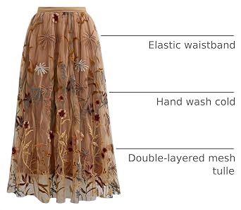 CHICWISH Women Floral Embroidered Tulle Skirt Flared A Line High Elastic Waist Mesh Double-Layered Midi Skirt
