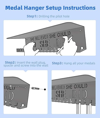 Miniatura 6 de Dafftos Soporte para medallas, soporte de cinta, estante de exhibición de medallas de pared, organizador de trofeos de metal, marco de premios,