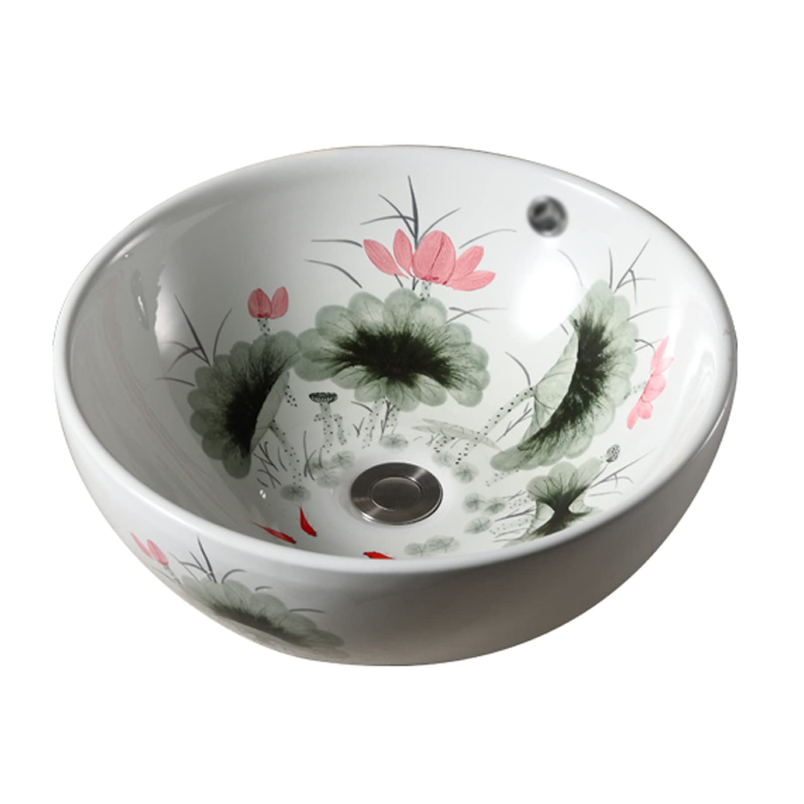ASerZenith Bathroom Vessel Sink Round Ink Style Lotus Pattern Ceramic Bathroom Vessel Sink With Overflow, 16.9 Inch Above Counter Vanity Porcelain Countertop Sink Art Basi