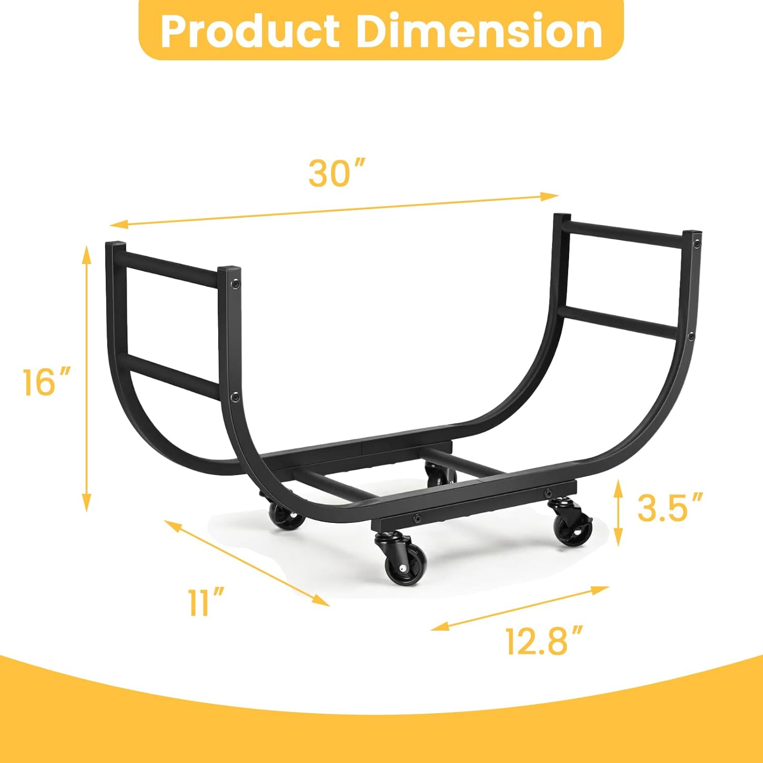 30in Firewood Rack Outdoor - Indoor Firewood Holder Heavy Duty Firewood Carrier with Casters Stable Logs Rack Matte Black
