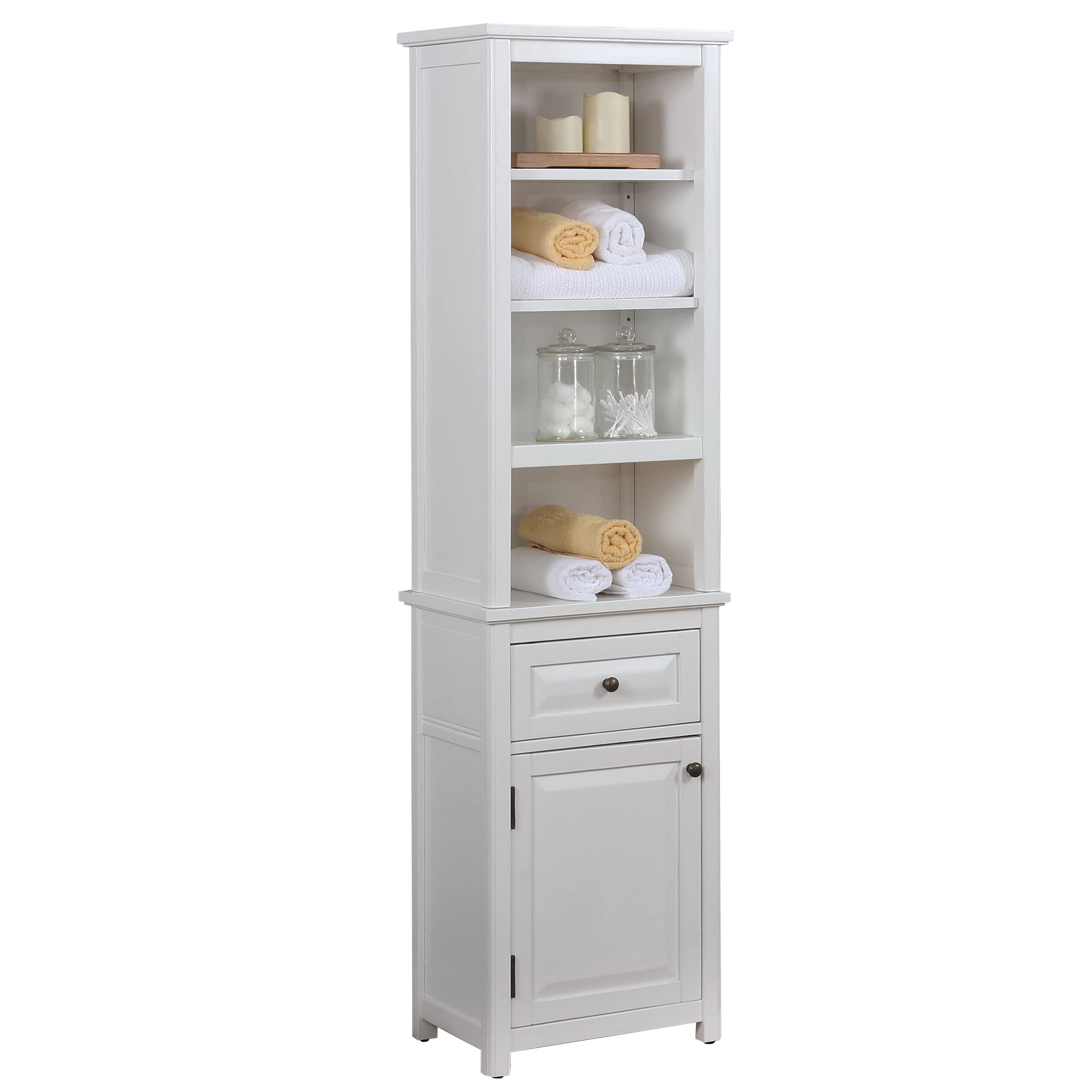 Dorset Bathroom Storage Tower - Open Upper Shelves, Lower Cabinet, and Drawer, Adjustable Shelving, Zinc Metal Hinges, Includes Anti-Tipping Strap,
