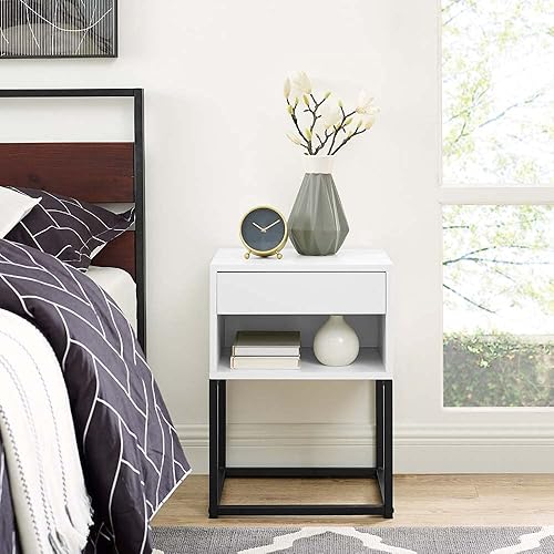MUSEHOMEINC Mesa auxiliar simple con cajón y estante para cualquier habitación, mesita de noche, diseño de patas de metal (blanco)