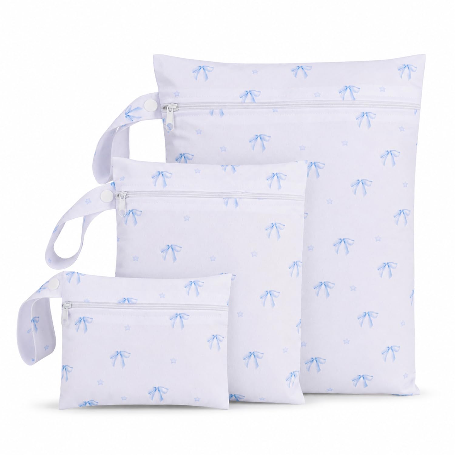 Velorin 3 Pcs Wet Bags, Blue Bow Nappy Bag Organiser, Waterproof Polyester Travel Laundry Bag with 3 Sizes, Reusable Zipper Pouch Set for Toiletries, Cosmetics, Travel & Home Storage