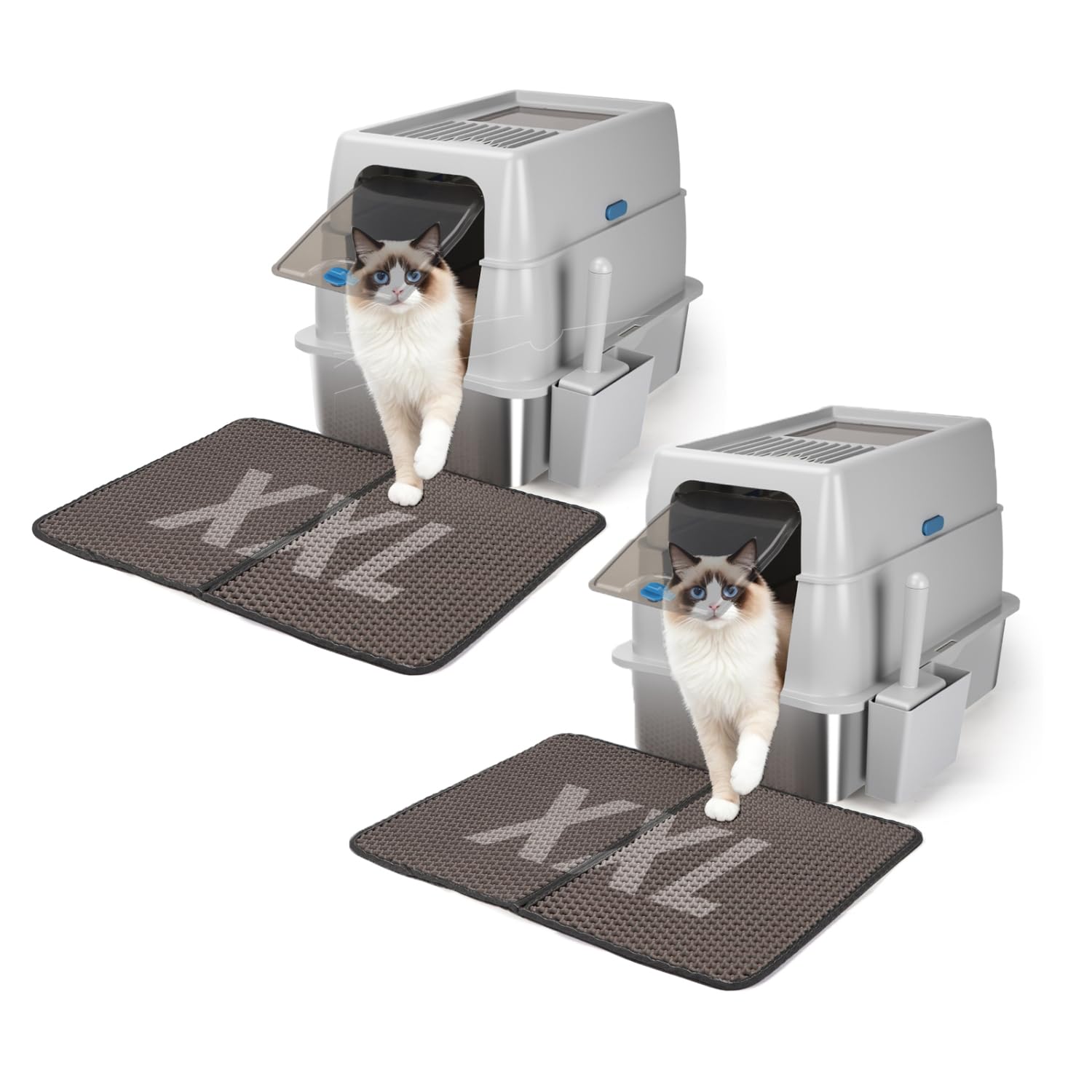 Nobleza 2 x Arenero para Gatos de Acero Inoxidable, Caja de Arena para Gatos, Bandeja de Arena Cerrada de Metal con Estera de Doble Capa y Pala, Espacioso para Gatos Grandes