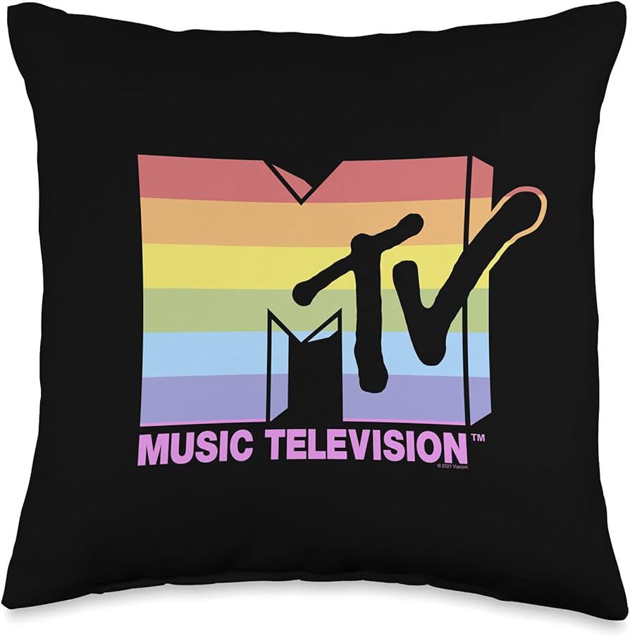 MTV Music Television Rainbow Stipe Art Fill Logo Throw Pillow, 16x16, Multicolor