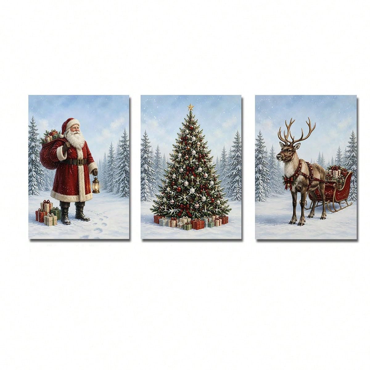 Lot de 3 posters vintage sur toile représentant le Père Noël, des rennes et un sapin de Noël, style nordique, pour une décoration hivernale chaleureuse et rustique (70 x 90 cm x 3 / sans cadre)