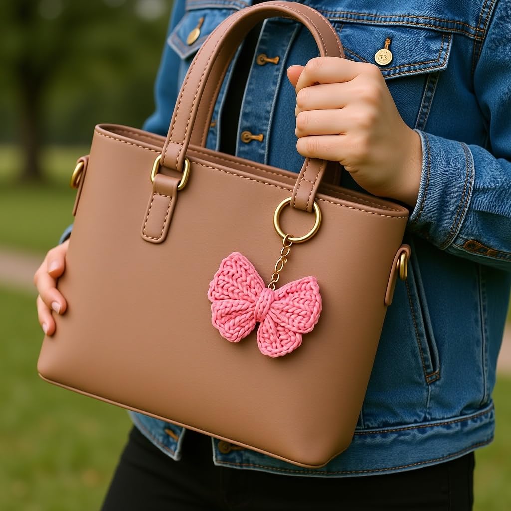Handmade Crochet Bow Keychain for Women & Girls | Cute Flower Keyring with Leaf Charm | Soft Wool Knitted Bag Charm | Car, Bike & Backpack Accessory – Gift for Friends-image-33