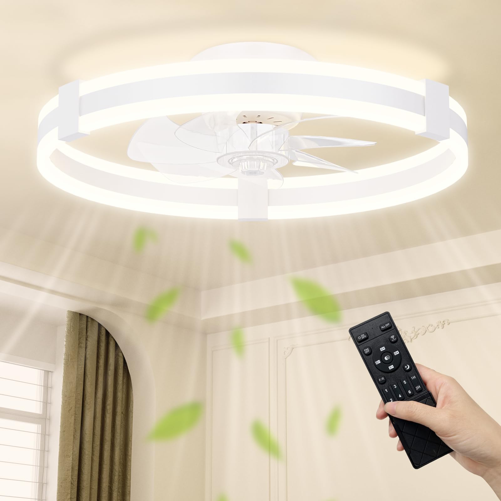 NIORSUN 50CM LED Ceiling Fans with Lights,Ceiling Fan Light with APP Remote,6 Speeds Modern Bedroom Fan Ceiling Light Quiet Dimmable, Small Smart Ceiling Fan Light for Living Room（White）