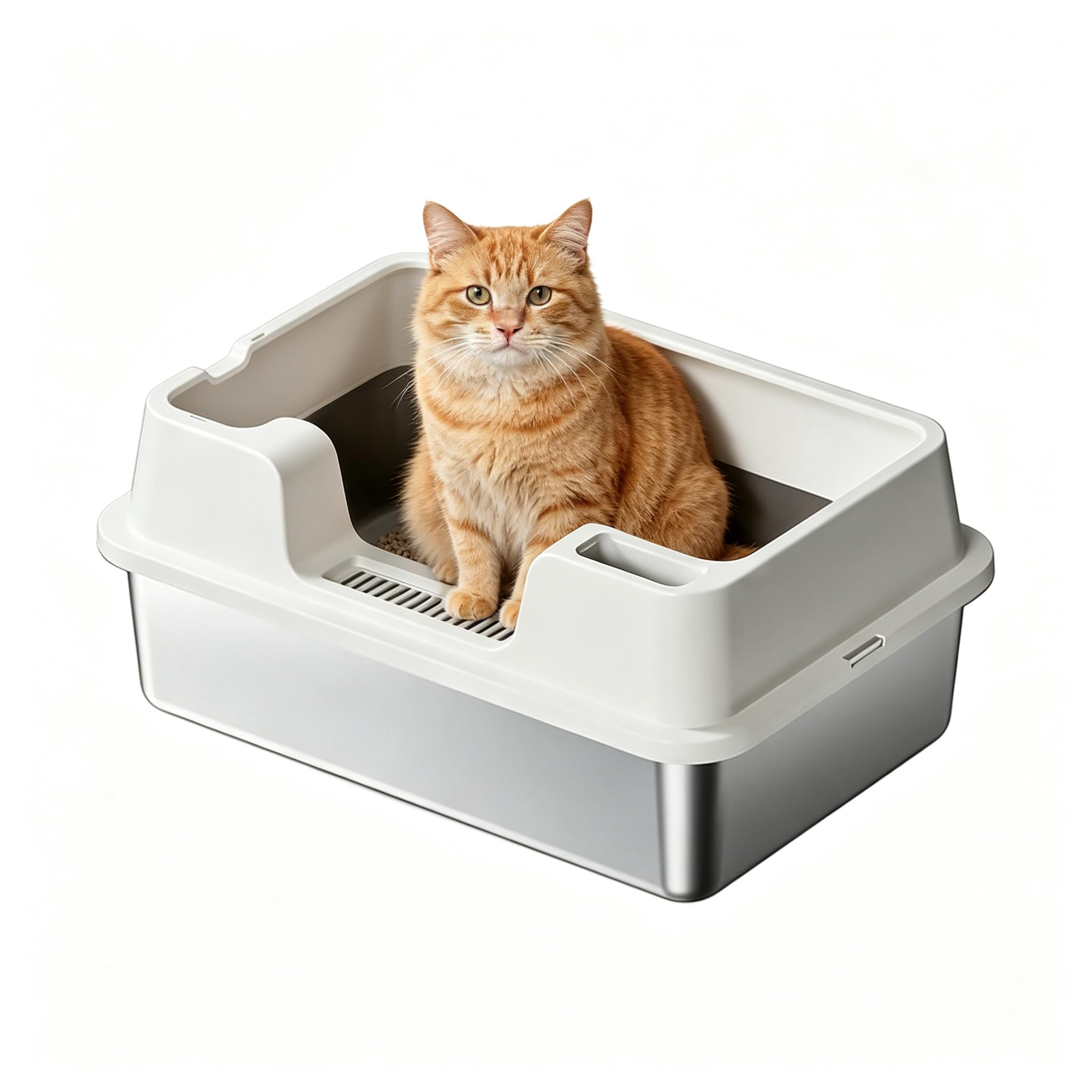 Katzentoilette XL Edelstahl 60x40x27 cm mit Klappdeckel Weiß
