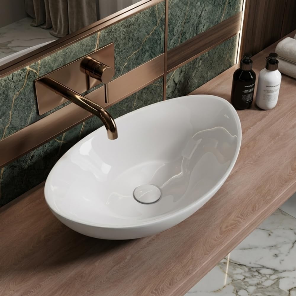 Db Durovin Bathrooms Glossy White Durovin Bathrooms Oval Countertop Basin Ceramic Bathroom Basin - Vessel Sink - Deep Fill With Overflow Slot (590 X 380 X 190Mm)