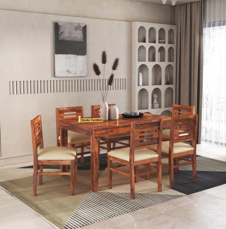 STRATA FURNITURE Solid Sheesham Wood 6 Seater Dining Table Set with Cushioned Chairs – 6 Chairs and 1 Table Dining Set for Dining Room Living Room Home Office Hotels Restaurant (Honey Finish)