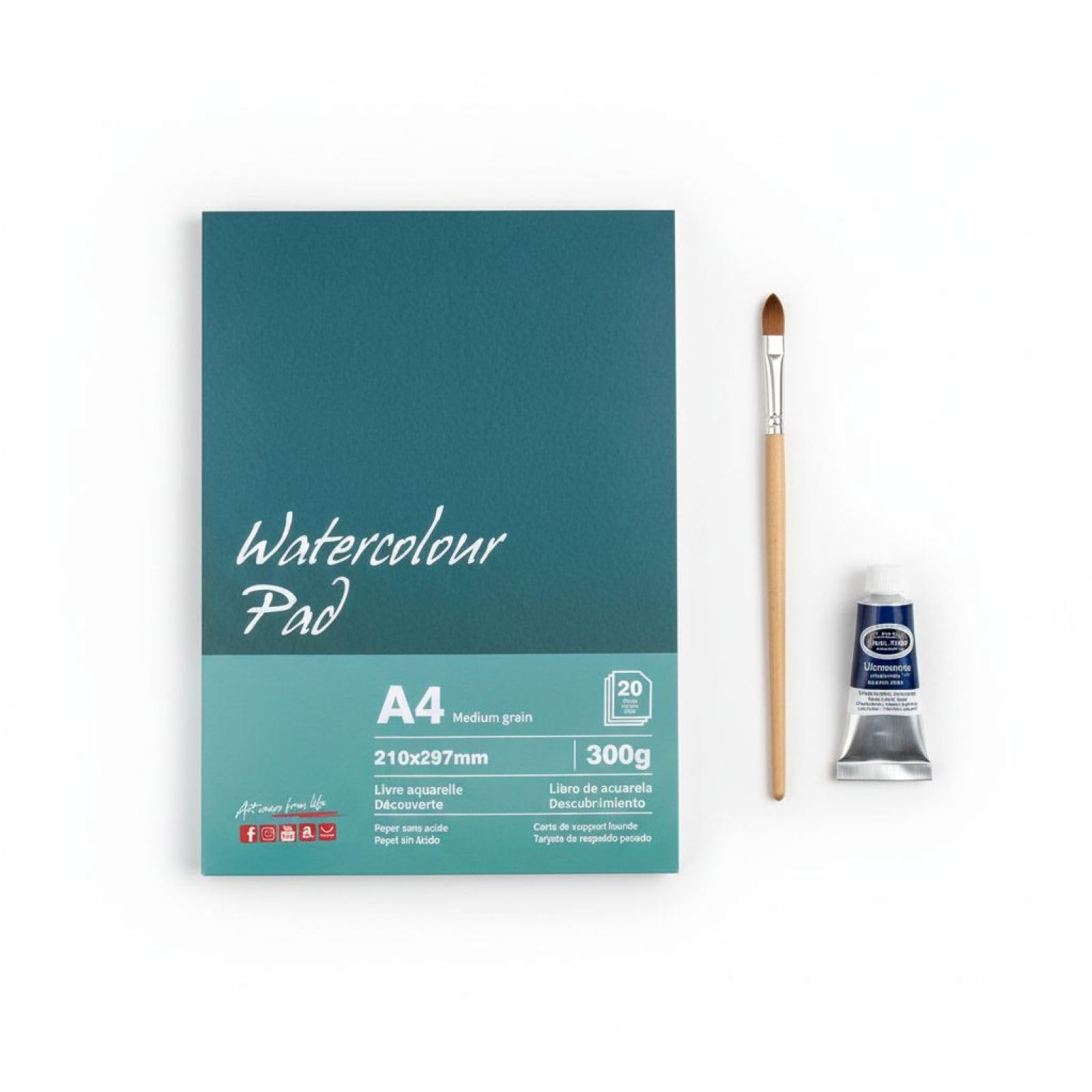 Blok papieru akwarelowego A4, 300 g/m², 20 arkuszy, jednostronnie klejone, z celulozą bawełnianą, bezkwasowy, gruby papier akwarelowy tłoczony na zimno do akwareli i malowania kredkami