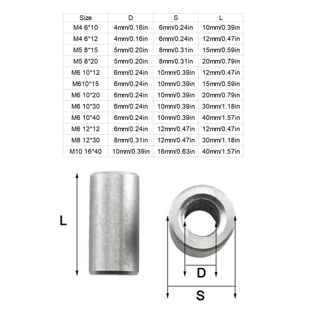 M5 304 Stainless Steel Threaded Sleeve Rod Bar Stud Round Coupling Connector Tube Nuts Silver Tone 20pcs(8 * 15mm/0.31 * 0.59in) - Image 2