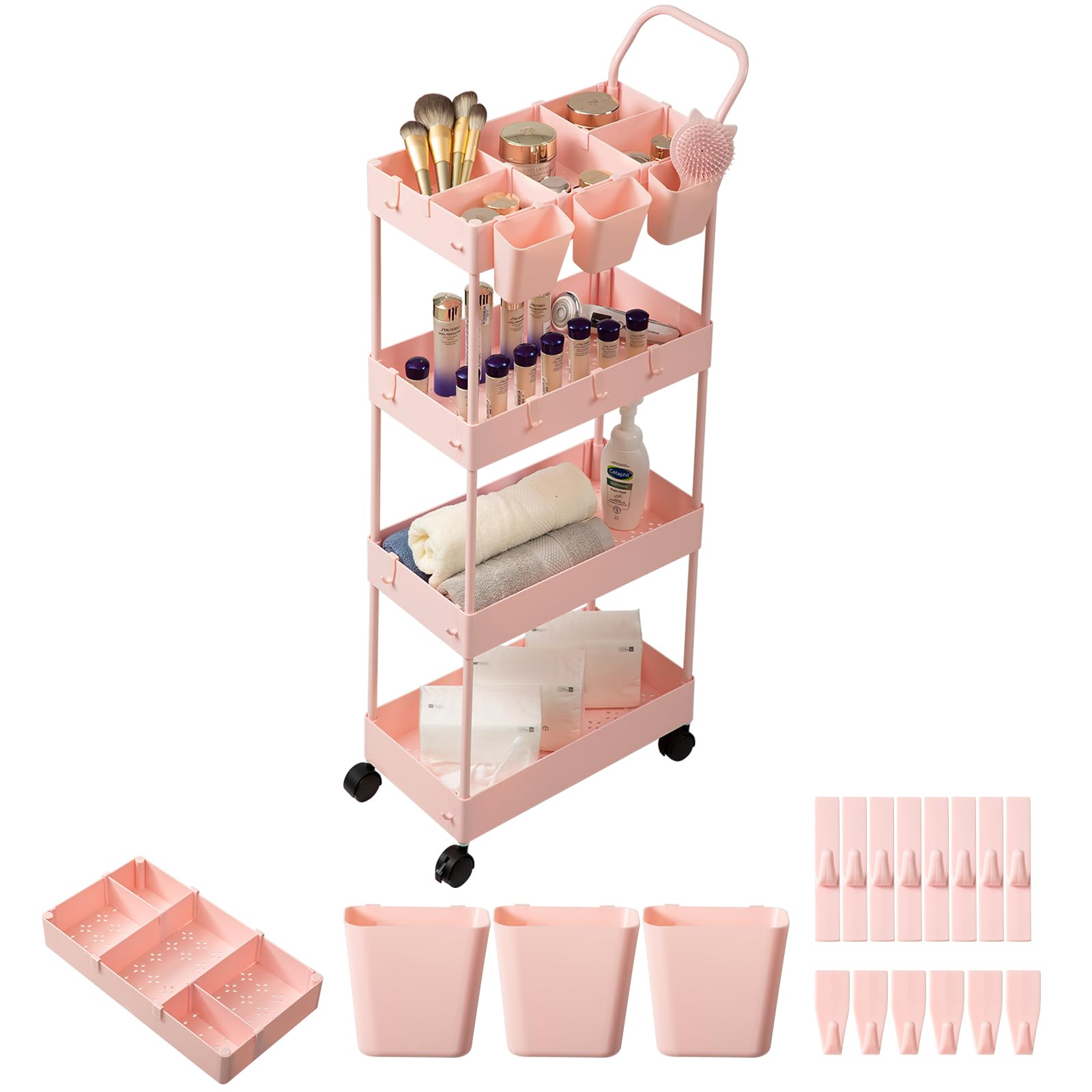 danpinera Chariot de rangement fin, chariot de salle de bain à 4 niveaux – Chariot à linge étroit avec roulettes, diviseurs, tasses suspendues, crochets, poignée, chariot de maquillage – Étagère de