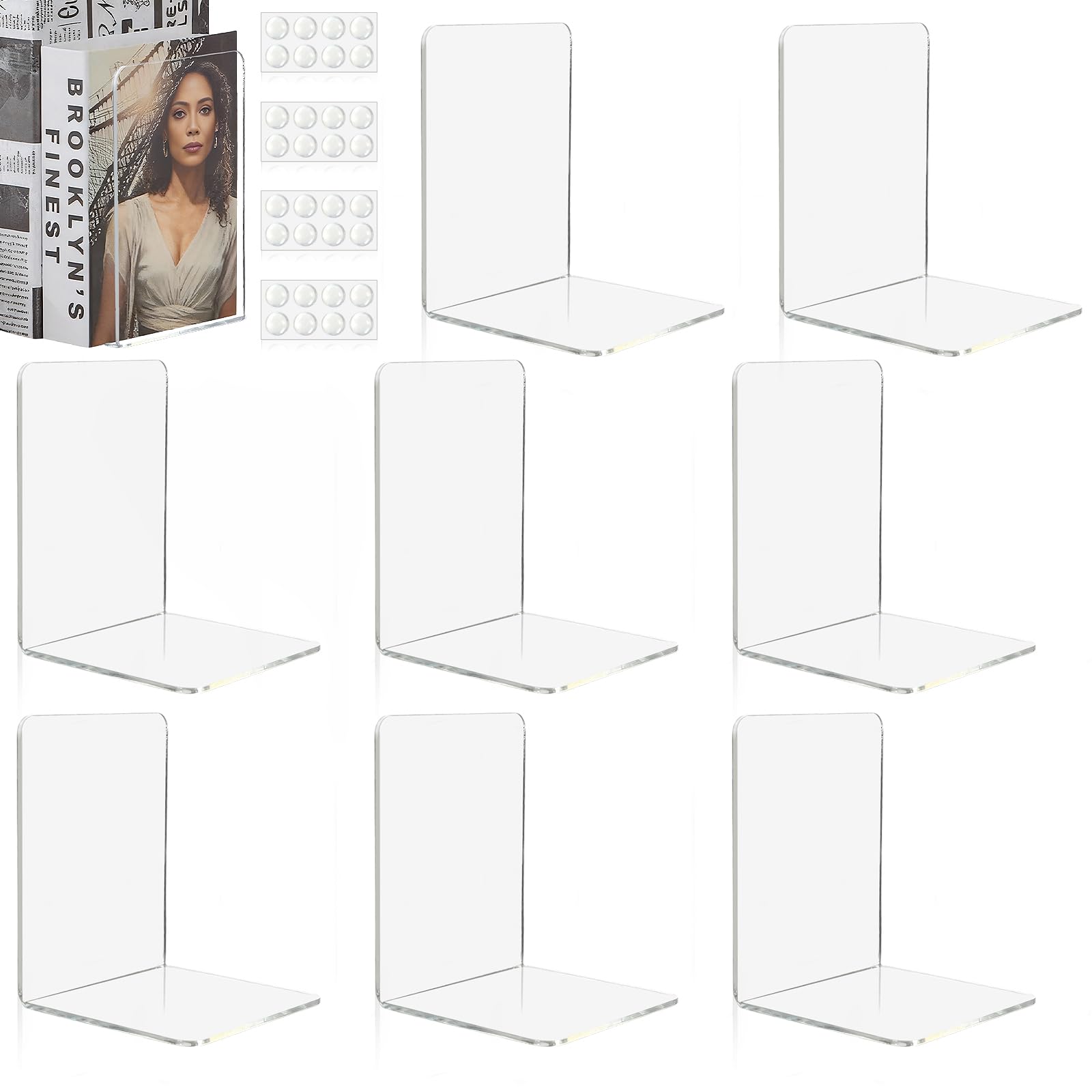 8 Piezas SujetaLibros Estanteria, Sujetalibros de Acrílico Transparente con 32 Almohadillas Antideslizantes, Organizador de Libros de 3 mm de Grosor, para Escuela Casa Oficina 10x10x13cm