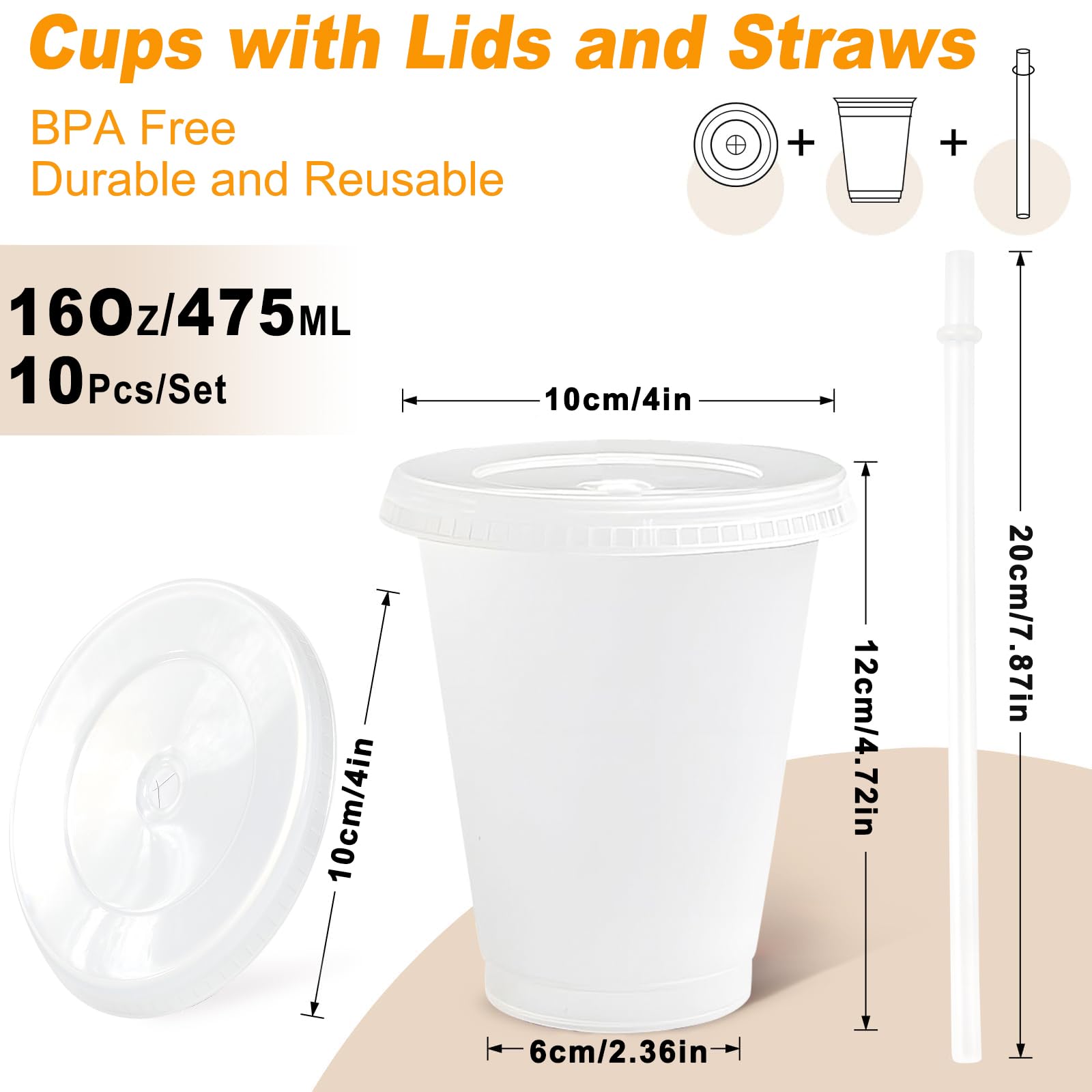 Plastikowy kubek z pokrywką i słomką, 10 sztuk kubków z tworzywa sztucznego z pokrywką i słomką, 475 ml, wielokrotnego użytku, do mrożonej kawy, smoothie, koktajli mlecznych, na kemping