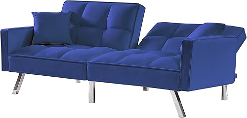 Miniatura 3 de Voohek Modern Loveseat Sofa Bed Velvet Upholstered Convertible Couch with Armrests and 2 Pillows for Living Room Bedroom Blue