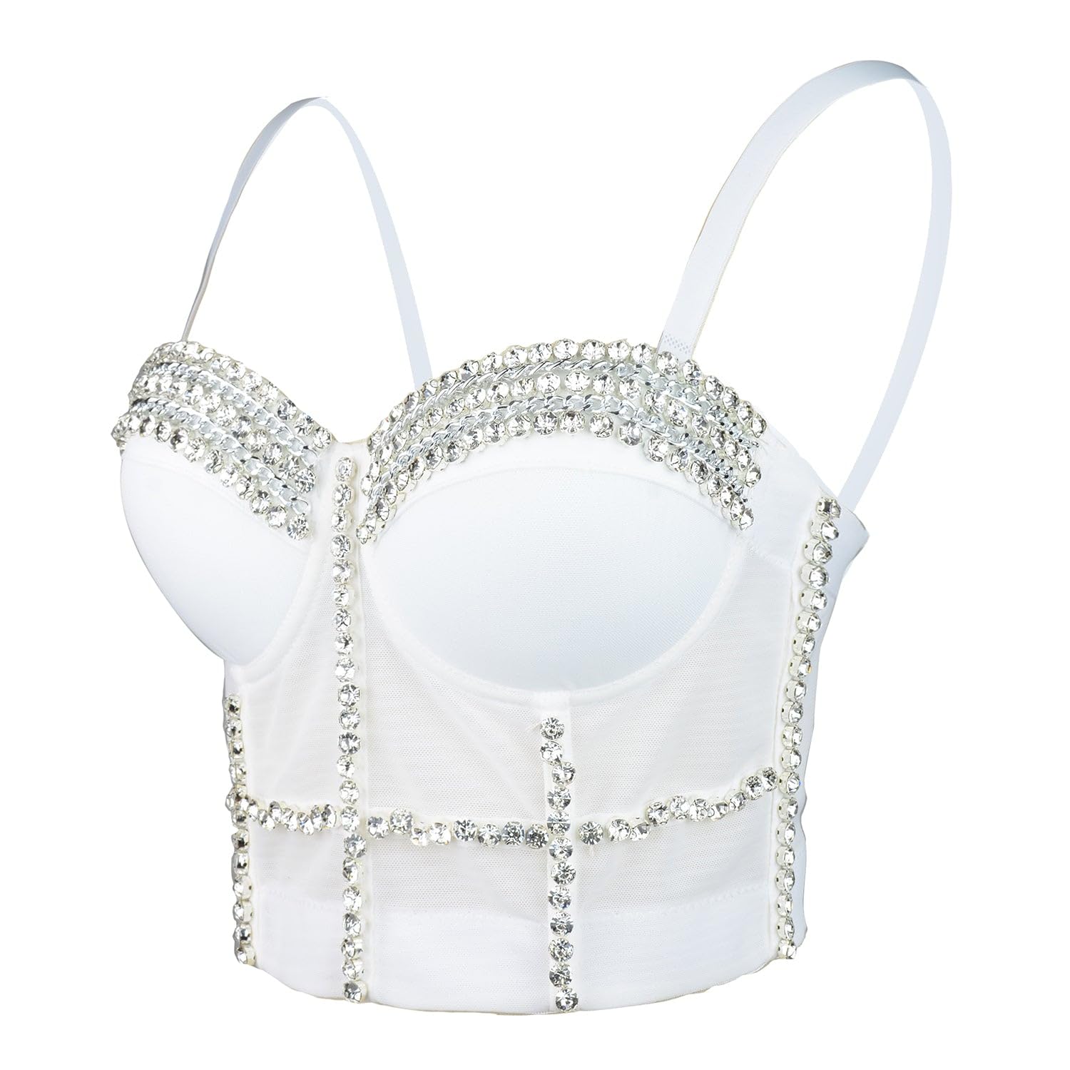 Women's White Diamond Chain Mesh Bustier Crop Top Push Up Corset Top Bralet with Detachable Strap-image-43