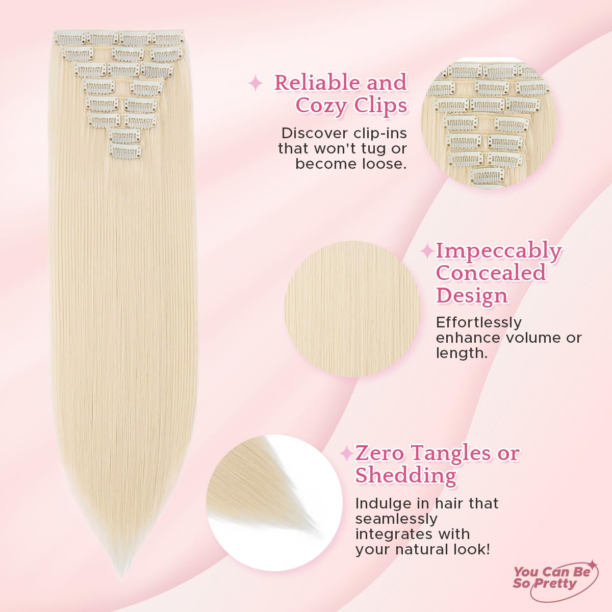 SEGO Pro Clip in Hair Extensions 8 Pcs 18 Clips Full Head Synthetic Fiber Hair Pieces for Women Straight 26 Inch (Pale Blonde) - Image 4