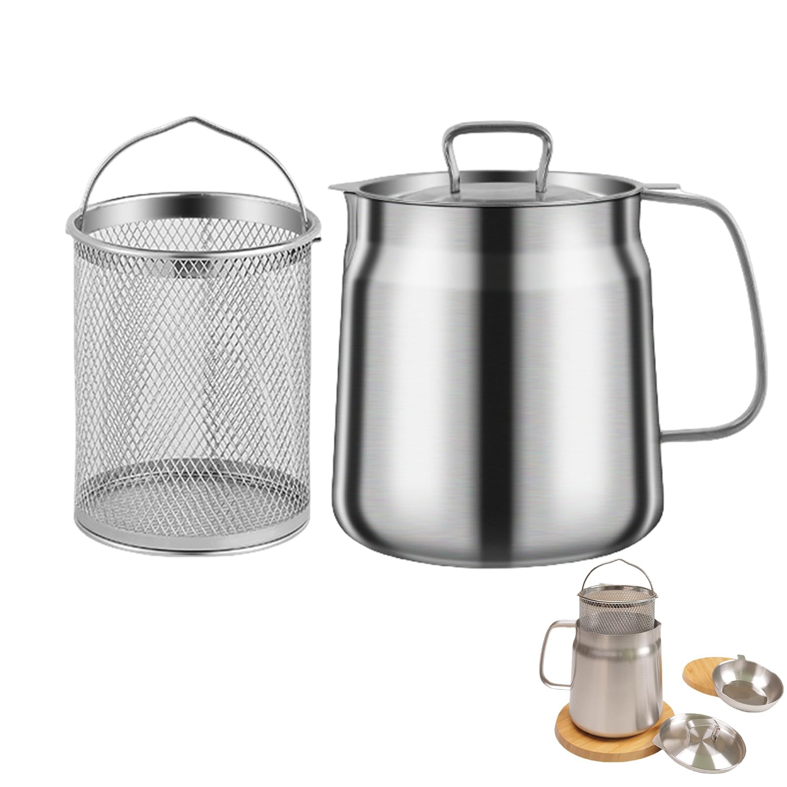 Ollas coladoras de aceite portátiles 2 en 1 para cocinas y al aire libre, de acero inoxidable, freidoras con cesta para cocinar