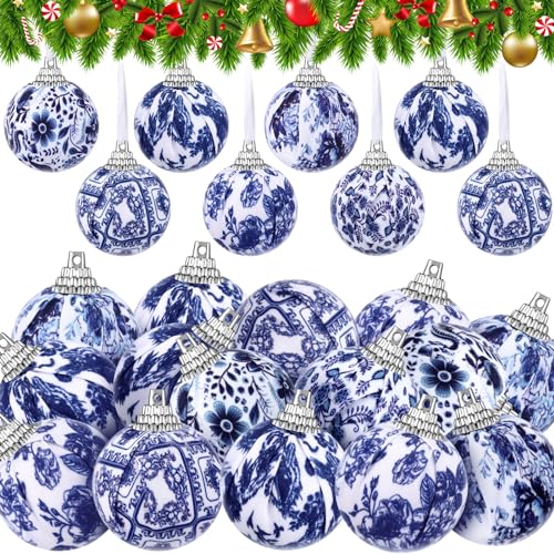 24 Pcs Christmas Blue and White Ornaments Chinoiserie Hanging Ball Fabric Wrapped Ornament for Xmas Tree Christmas Party Supplies