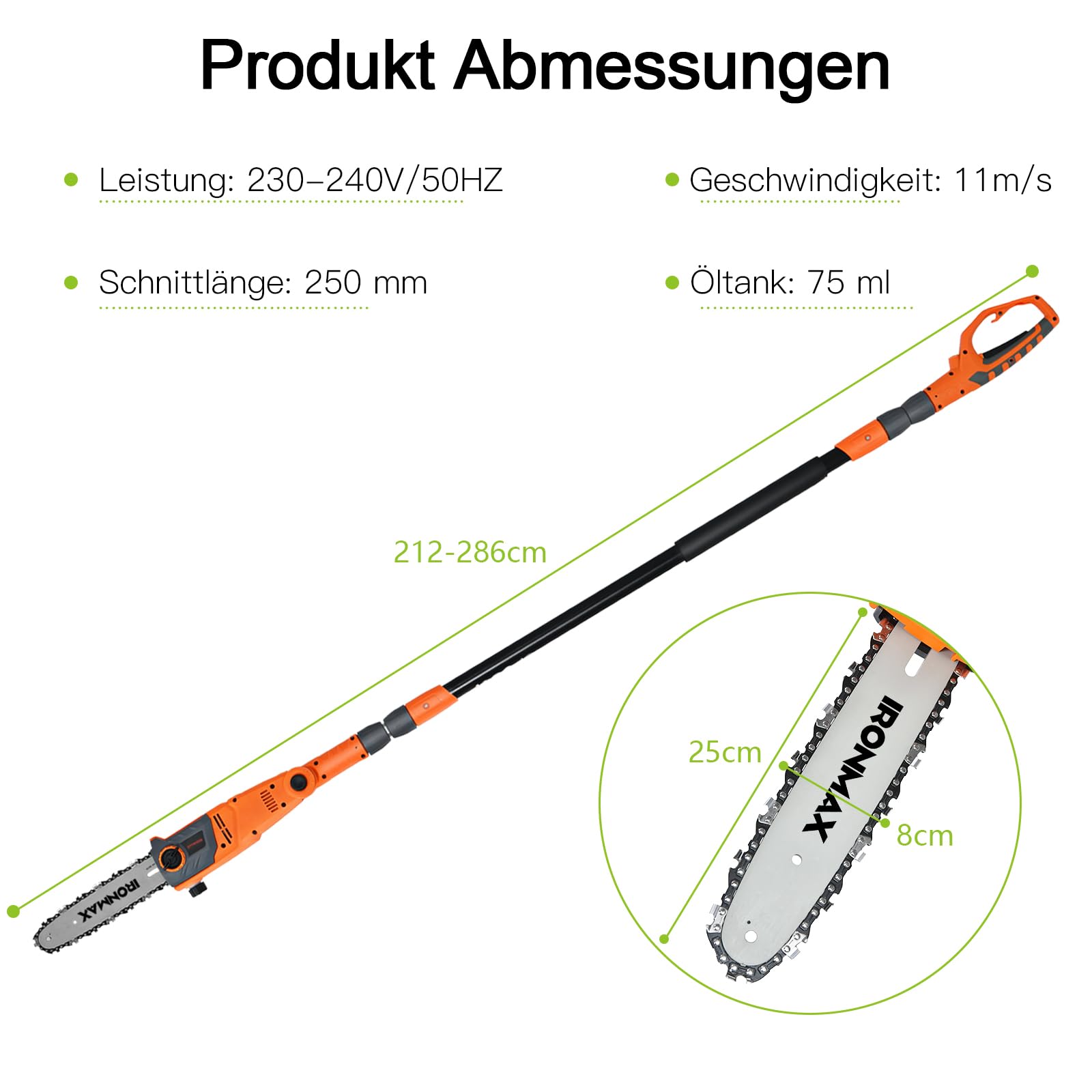 GOPLUS Elektro-Hochentaster, Teleskop Astsäge -750 W | mit abwinkelbarem Kopf | bis 286cm ausziehbar | 25 cm Schwertlänge | Kettengeschwindigkeit 11 m/s, Elektrische Kettensäge Profi-Astsäge Motorsäge