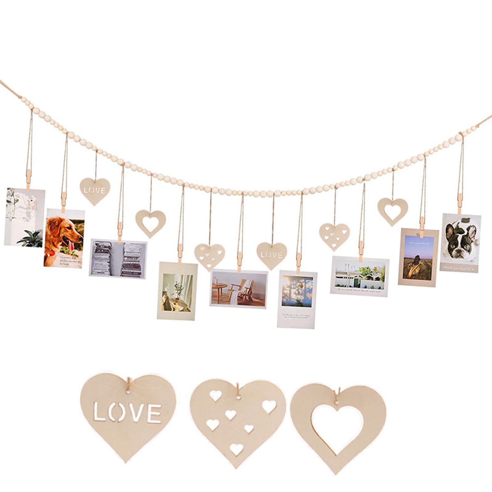 Tsophreniq Hanging Photo Display with 9Clips Holders for Hanging Wooden Beads Garland Collage Picture Frame Wall Decors String with Clip