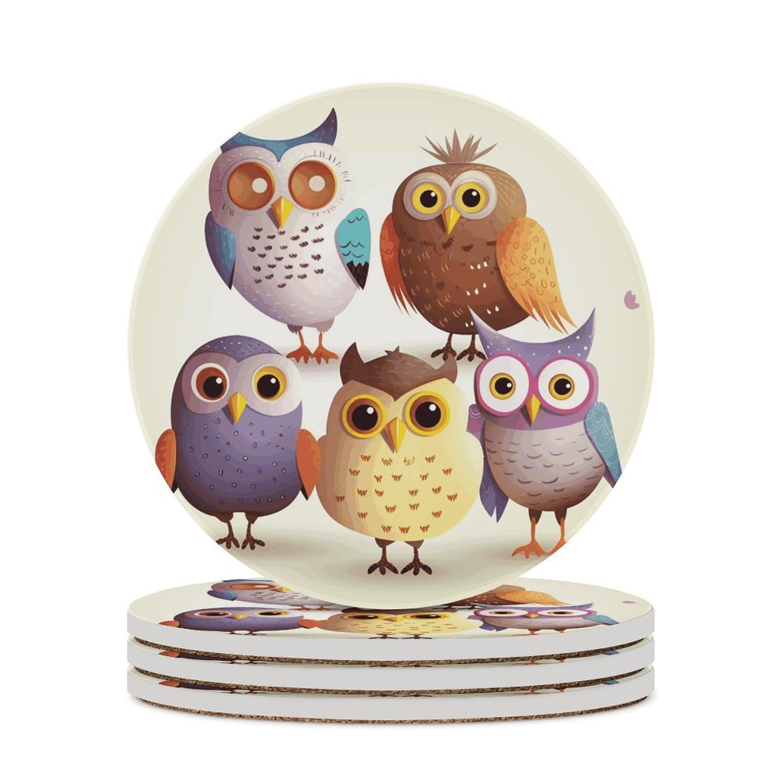 Owls Birds Coaster with Cork Base Drink Coasters for Coffee Table Decor Modern Cup Coasters with Non-Slip & Heat-Resistant Cute Ceramic Table Coaster for Home Dining