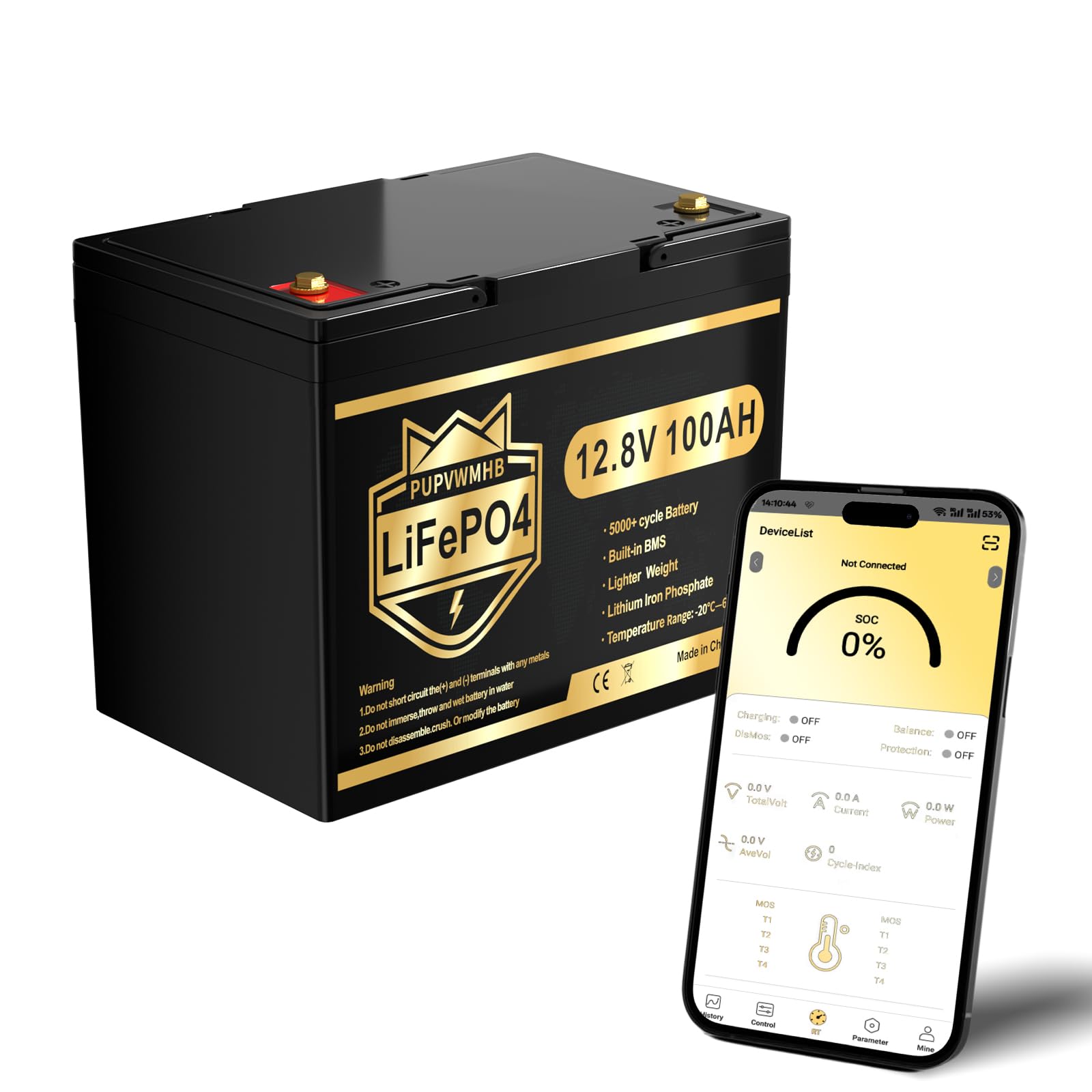 12V 100Ah Mini LiFePO4 Bluetooth Lithium Battery, 100A BMS, 10-Year Lifespan with Up to 15000 Cycles, Max. 1280Wh Energy LiFePO4 Battery in Small Size, Perfect for RV, Solar, Trolling Motor