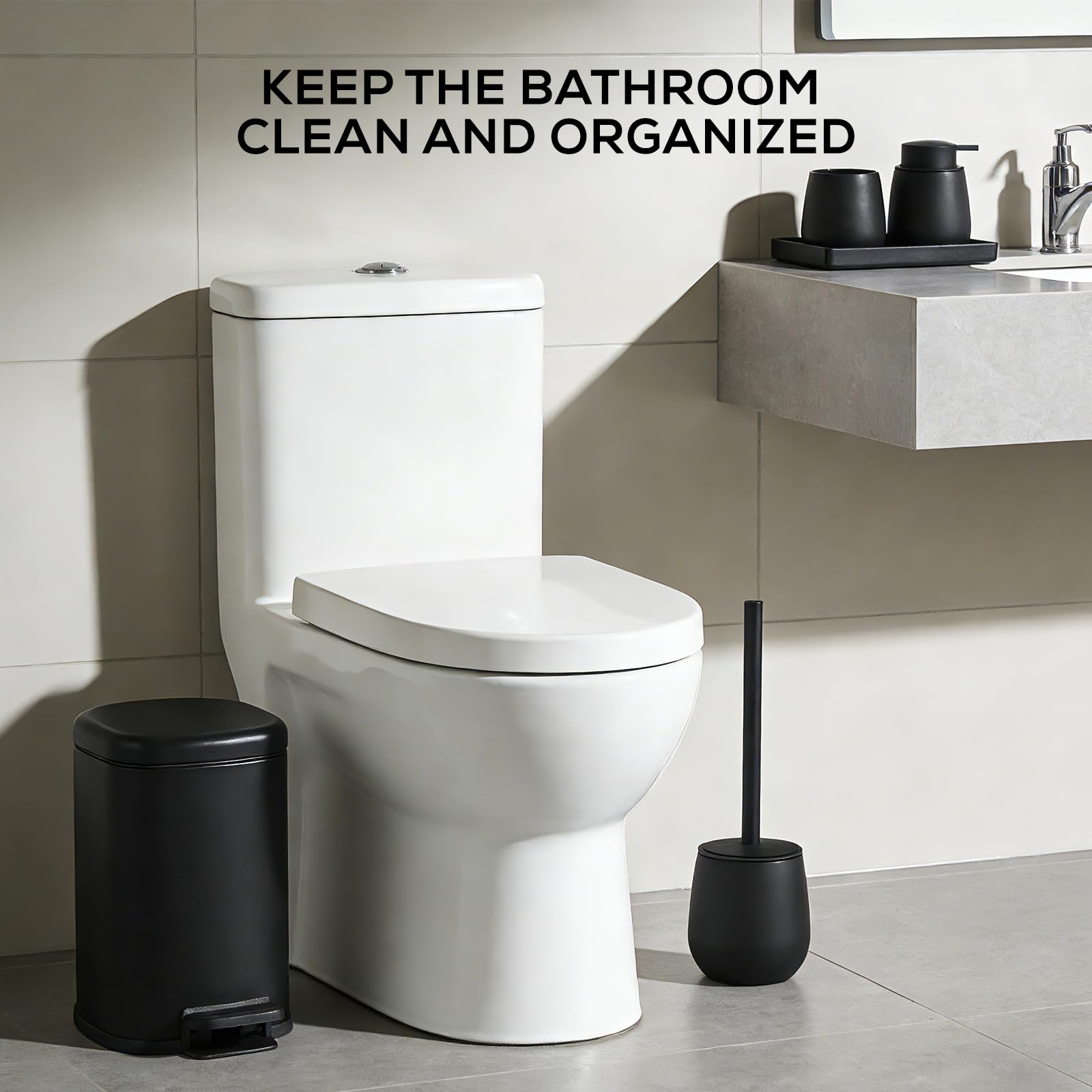 5-teiliges Badezimmer Set Schwarz mit 6 L Metall Mülleimer Treteimer mit Inneneimer, Seifenspender, Zahnputzbecher, WC-Bürste & Ablageschale, Modern Badezimmer Organizer (Schwarz)