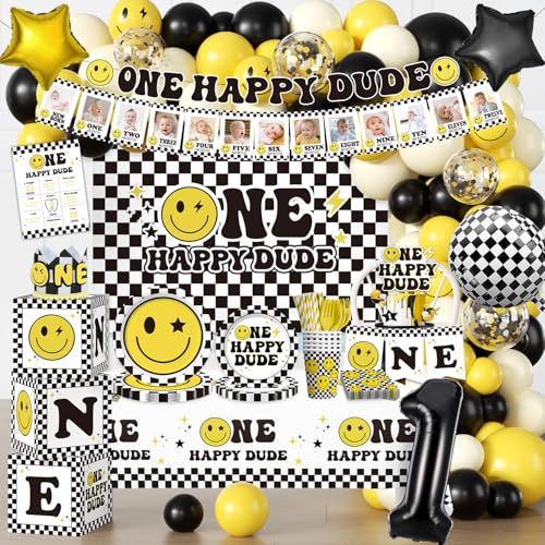 wellspar 245pcs One Happy Dude Birthday Decorations, All-in-1 One Happy Dude Supplies Pack with 20pcs Plates, Napkins, 2pcs Tablecloth, Balloon Arch for First Birthday Decorations for Boy, 20 Guests