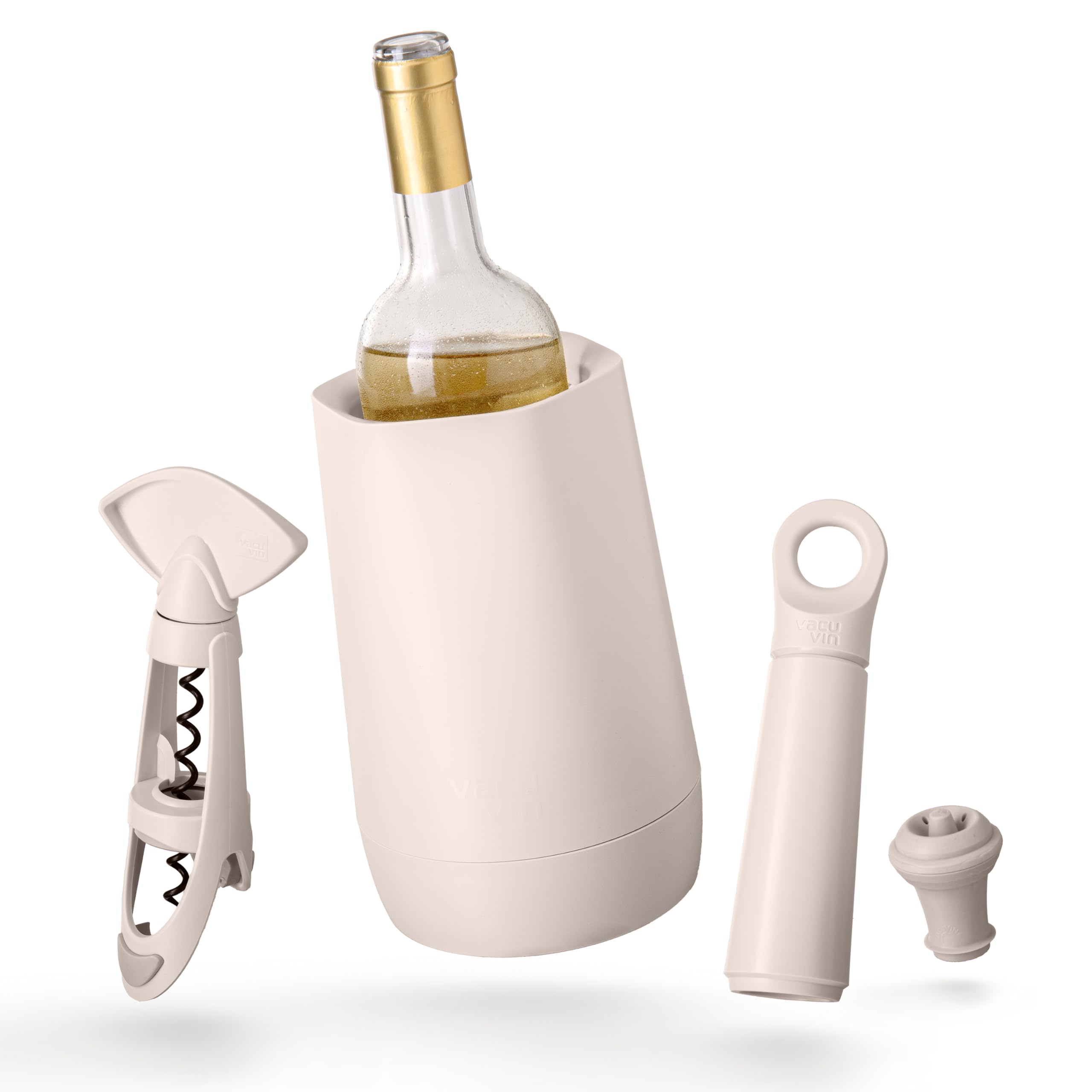 Vacu Vin Host Weinset - Sand (4-teilig) - Geschenkwürdiges Weinzubehör-Set mit Kühler, Vakuumschoner, Twister-Korkenzieher & tropffreiem Servierteller - aus recyceltem Material