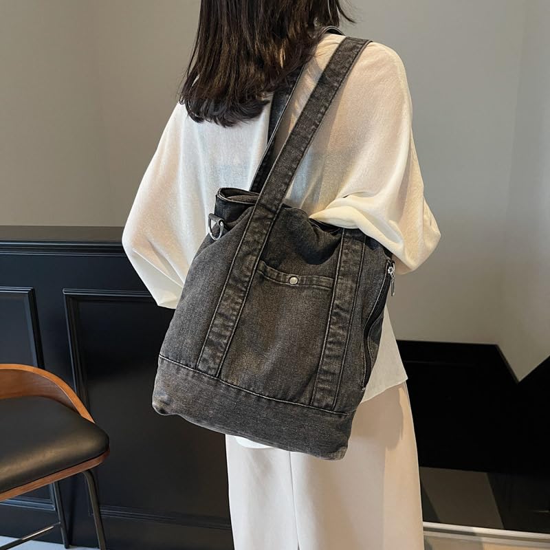 Denim Tote Bag for Women Vintage Casual Handbag Simple Shoulder Purse with Top Handles Retro Style Everyday Carryall2
