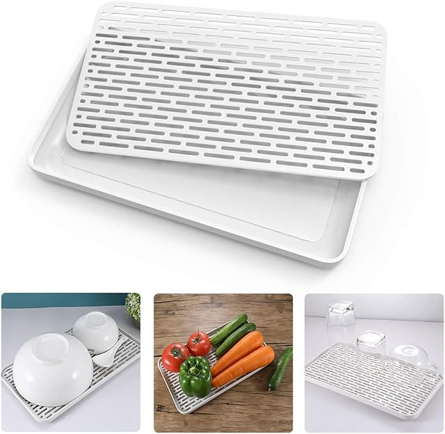 SOSMAR Drainer with Drip Tray - 30x 17.5cm Small Dish Drain Board Mat - Water Drip Tray Holder for Fruit Cup Mug Utensil Bathroom Accessories, Coffee Tea Trays Grey