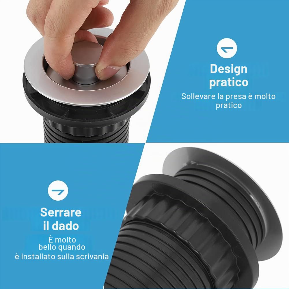 Presa a Scomparsa da Tavolo con USB, 4 Prese in Alluminio con Interruttore per Ufficio e Superfici di Lavoro