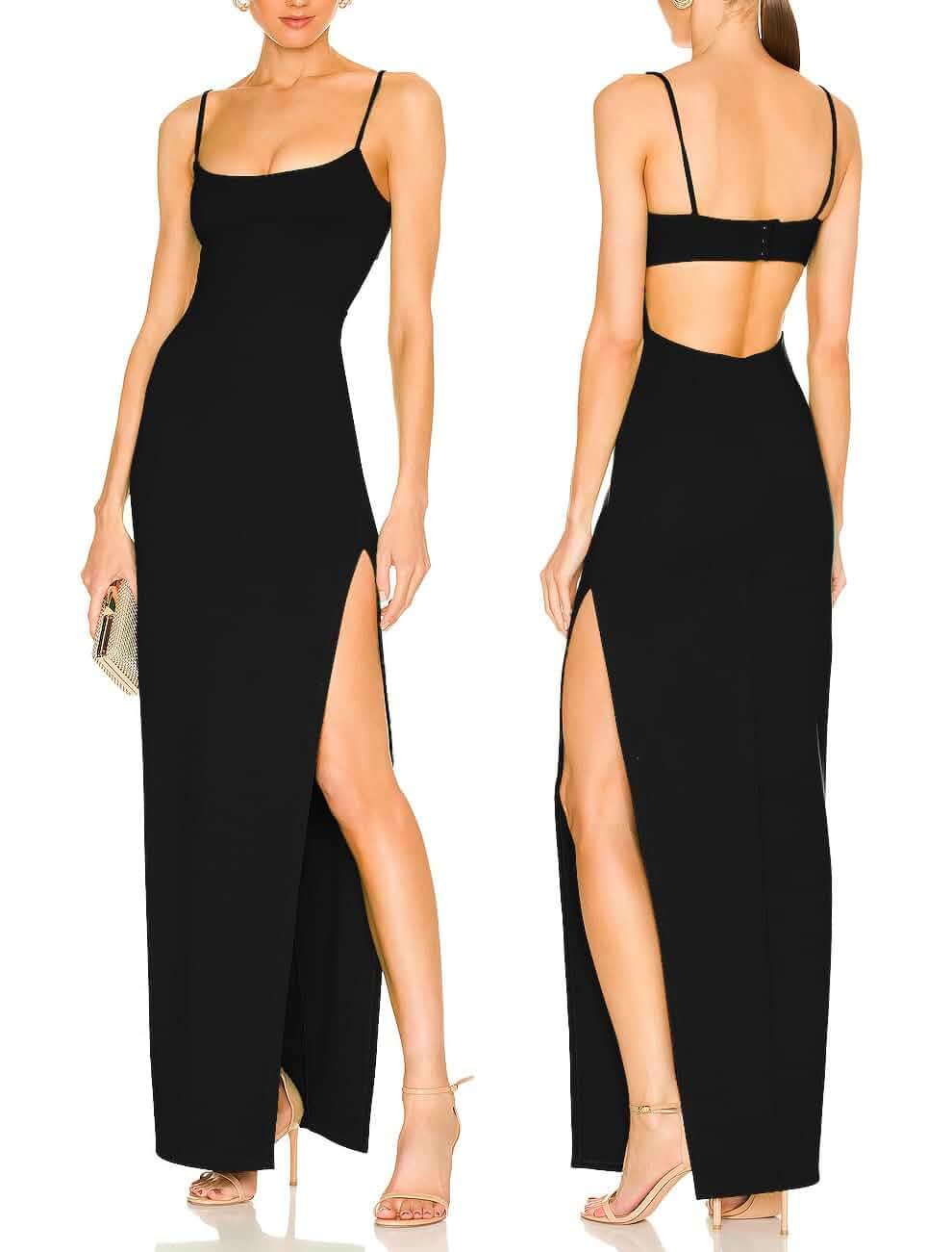Women Backless Bodycon Maxi Dress Split Square Neck Formal Dress Spaghetti Straps Cutout Back Side Slit Formal Evening Gown Cocktail Party Prom Wedding Guest Date Night Slip Dress Outfits