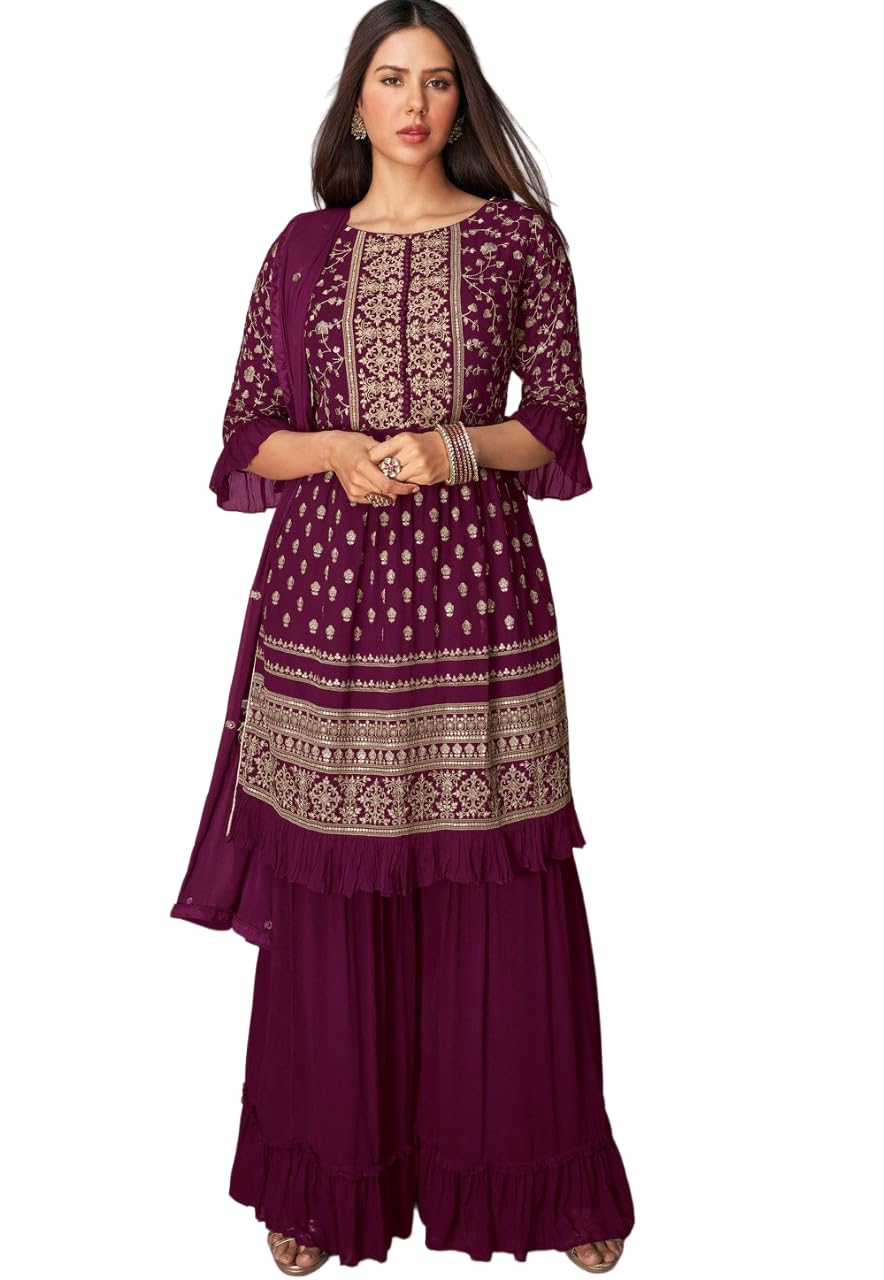 Xomantic Fashion Magenta Georgette Embroidered And Resham Work Designer Salwar Kameez (X-Small, Wine)