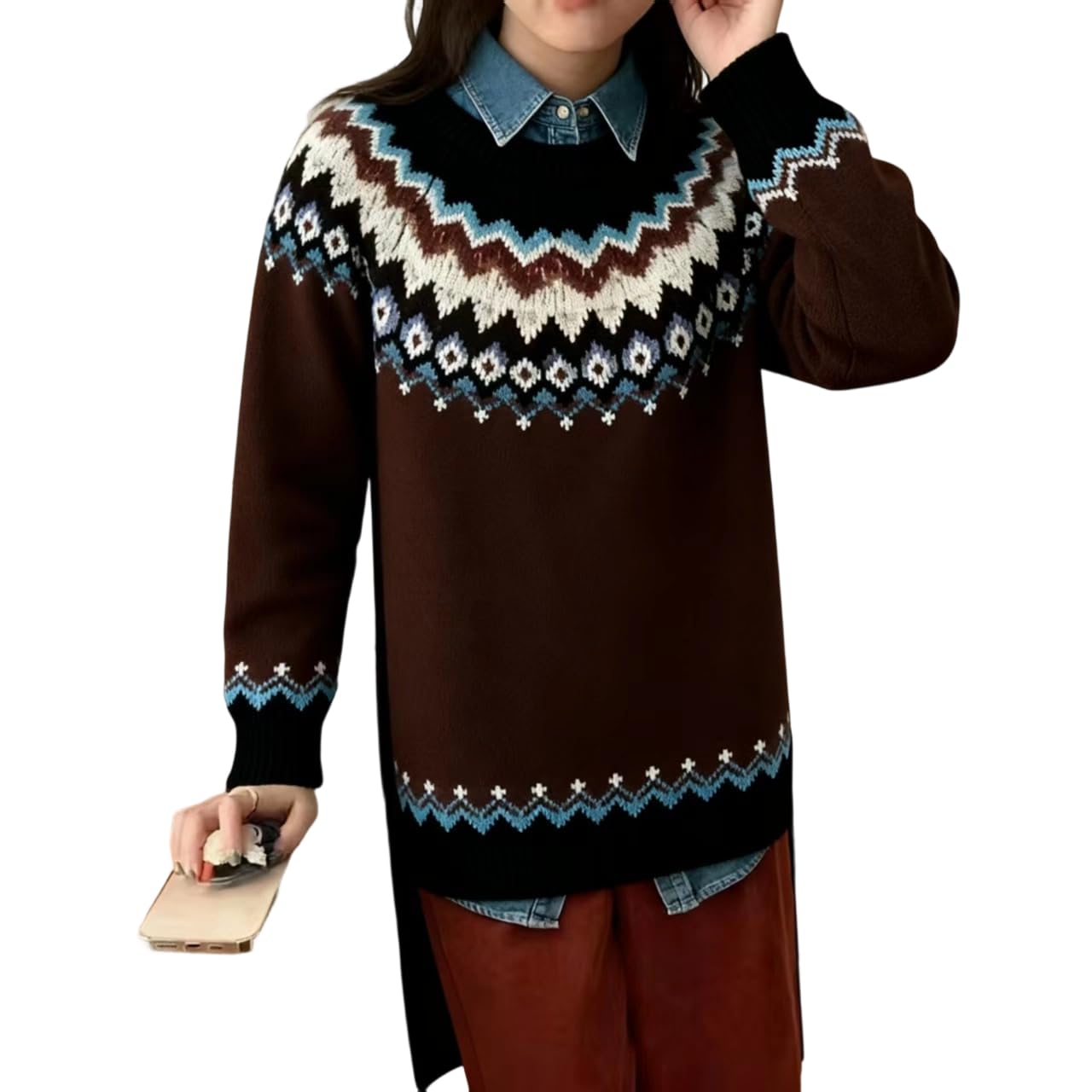 Womens Fair Isle Knit Sweater Nordic Crewneck Long Sleeve Pullover Fall Winter Cozy Soft Knitted Jumper for Women
