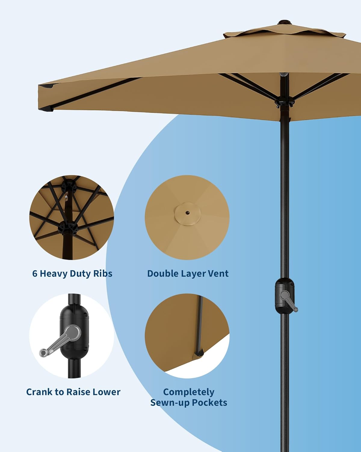 GarveeLife 7.5 ft Outdoor Patio Umbrella, Outdoor Table Umbrella, Market Umbrella, 6 Sturdy Ribs UV Protection Waterproof for Garden, Deck, Backyard, Pool (Tan)