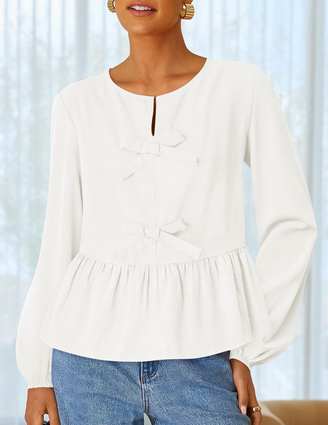 ZESICA Women's Long Sleeve Babydoll Tops Crewneck Tie Front Casual Loose Ruffle Flowy Peplum Shirts 2026 Fall Blouses - Image 2