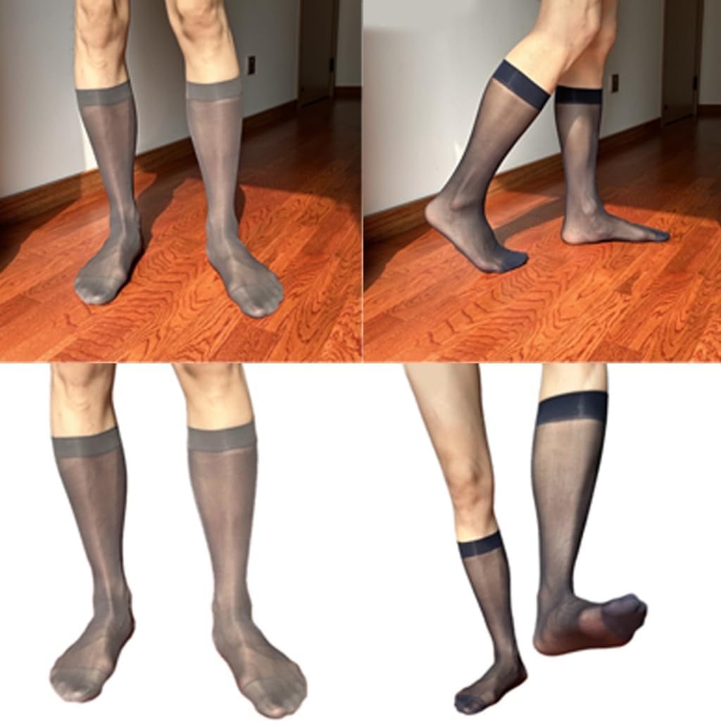 Men's Middle Calf Business Socks with Twill Pattern See Through Thin Nylon Dress Socks Stockings for Formal