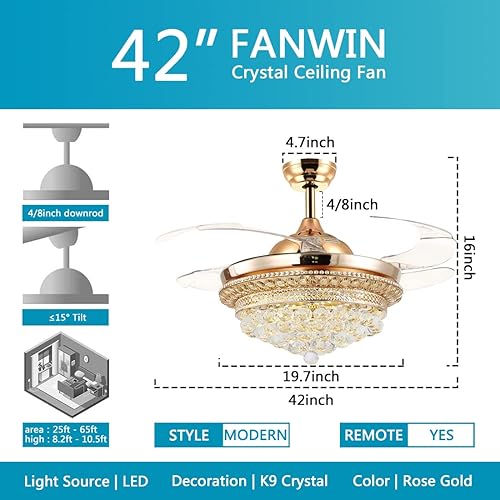 Miniatura 3 de Candelabro de techo moderno de cristal de 42 pulgadas, control remoto LED de 3 colores, cuchillas invisibles retráctiles, 3 velocidades, kits de luz