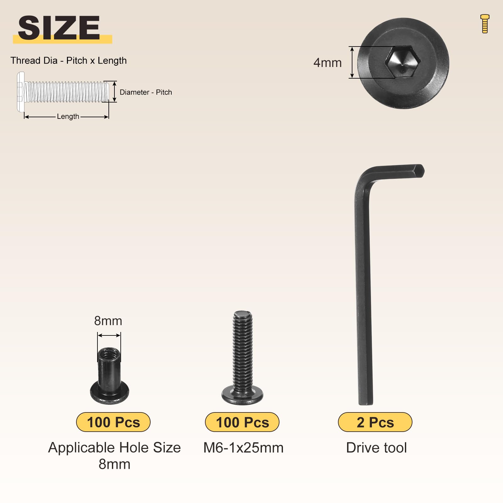 METALLIXITY Furniture Crib Screws Replacement Set including Wrench(M6-1x25mm) 200Pcs - Image 2