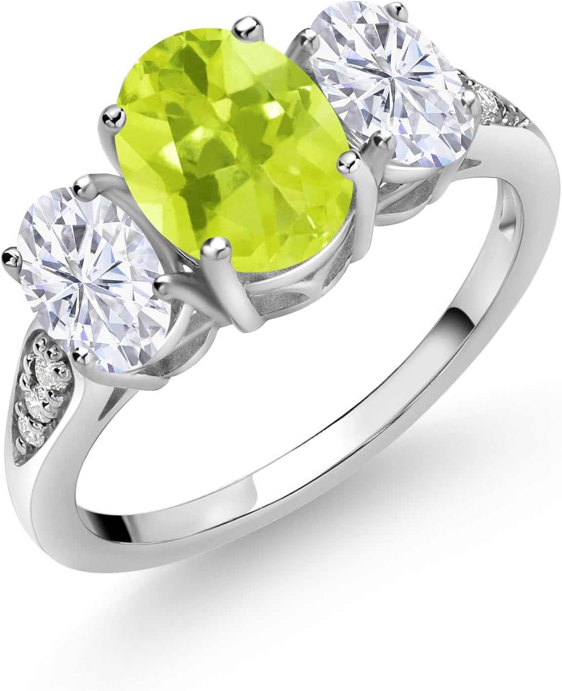 Gem Stone King 10K White Gold Yellow Lemon Quartz White Moissanite and White Lab Grown Diamond 3 Stone Engagement Ring For Women (2.14 Cttw, Gemstone Birthstone)