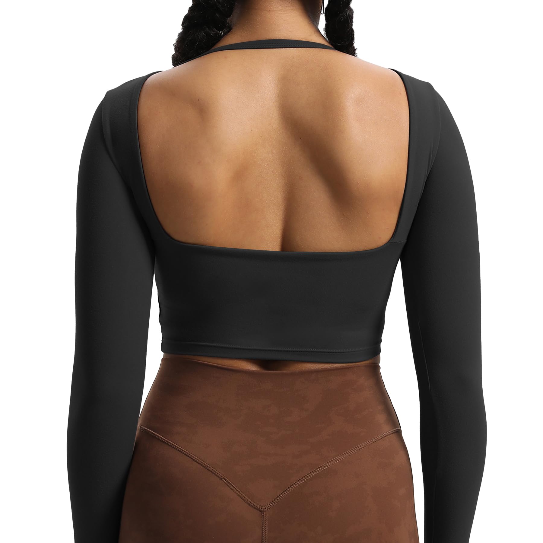 AoxjoxLong Sleeve Crop Tops for Women Square Hollow Back Workout Crop T Shirt Top